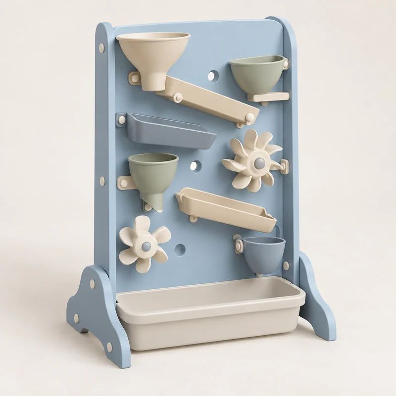 AI-generated unbranded water-table concept; not the actual Step2 Waterfall Discovery Wall