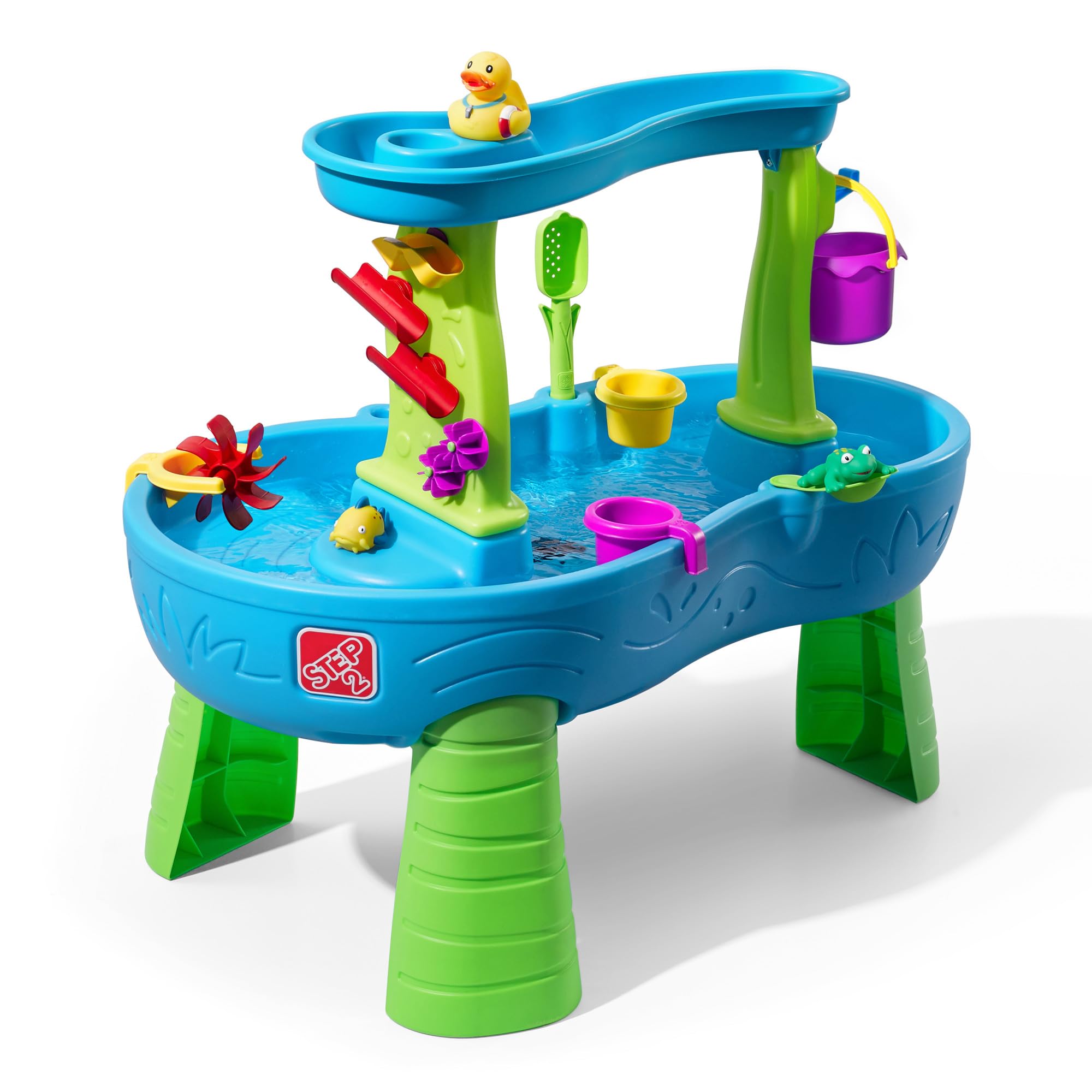 Step2 Rain Showers Splash Pond blue and green water table with upper rain tray and colorful accessories, exact ASIN listing image